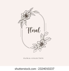 Botanical floral black line art oval logo template. Flower line art hand drawn monogram frame, wreath with leaves. Vector illustration for wedding invitation save the date card, flower shop