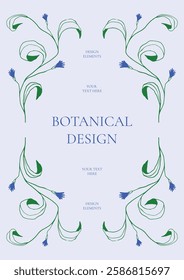 Botanical floral border with intertwining green vines and blue flowers. Elegant, minimal ornament for invitations, greeting cards, posters, certificates, branding, packaging, and event decor. Vector