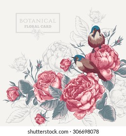 Botanical Floral Card In Vintage Style With Blooming English Roses And Birds, Flowers Vector Illustration On Gray Background, Bird Flower Vector Card