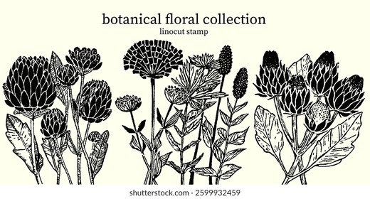 Botanical Floral Collection 04 - Linocut Stamp Illustration