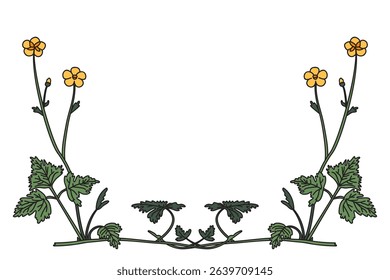 Botanical floral corner border isolated on white background. Hand drawn wildflower plant frame with yellow Flowers green Leaves Stems vector illustration. Graphic design element for Birthday Wedding 