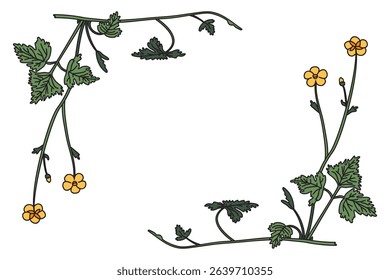 Botanical floral corner border isolated on white background. Hand drawn wildflower plant frame with yellow Flowers green Leaves Stems vector illustration. Graphic design element for Birthday Wedding 
