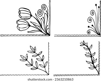 Botanical Floral Corner Border Line Art , Outline Flower Corner Frame. Batik Floral Line Art Border Corner 