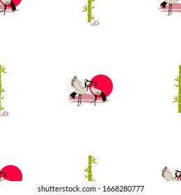 Botanical floral decoration texture. Beautiful abstract pattern with crane. Seamless vector bamboo background.