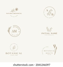 Elemento floral botánico con logotipo de mano con flores silvestres y hojas. Logo para spa y salón de belleza, boutique, tienda orgánica, boda, diseñador floral, interior, fotografía, cosmética.