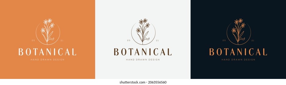 Botanical Floral element Hand Drawn Logo with Wild Flower and Leaves. Logo for spa and beauty salon, boutique, organic shop, wedding, floral designer, interior, photography, cosmetic.