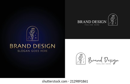 Botanical Floral element Hand Drawn Logo with Wild Flower and Leaves. Logo for spa and beauty salon, boutique, organic shop, wedding, floral designer, interior, photography, cosmetic.