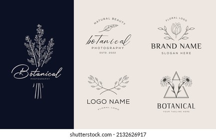 Botanical Floral element Hand Drawn Logo with Wild Flower and Leaves. Logo for spa and beauty salon, boutique, organic shop, wedding, floral designer, interior, photography, cosmetic.