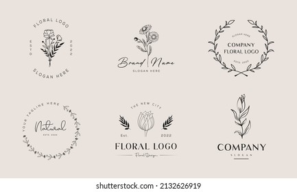 Botanical Floral element Hand Drawn Logo with Wild Flower and Leaves. Logo for spa and beauty salon, boutique, organic shop, wedding, floral designer, interior, photography, cosmetic.