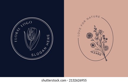 Botanical Floral element Hand Drawn Logo with Wild Flower and Leaves. Logo for spa and beauty salon, boutique, organic shop, wedding, floral designer, interior, photography, cosmetic.