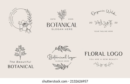 Botanical Floral element Hand Drawn Logo with Wild Flower and Leaves. Logo for spa and beauty salon, boutique, organic shop, wedding, floral designer, interior, photography, cosmetic.