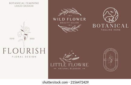 Botanical Floral element Hand Drawn Logo with Wild Flower and Leaves. Logo for spa and beauty salon, boutique, organic shop, wedding, floral designer, interior, photography, cosmetic.