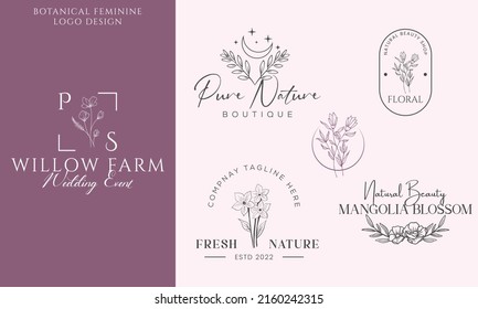 Botanical Floral element Hand Drawn Logo with Wild Flower and Leaves. Logo for spa and beauty salon, boutique, organic shop, wedding, floral designer, interior, photography, cosmetic.