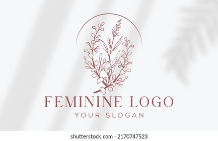 Botanical Floral element Hand Drawn Logo with Wild Flower and Leaves. Logo for spa and beauty salon, boutique, organic shop, wedding, floral designer, interior, photography, cosmetic.