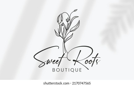 Botanical Floral element Hand Drawn Logo with Wild Flower and Leaves. Logo for spa and beauty salon, boutique, organic shop, wedding, floral designer, interior, photography, cosmetic.