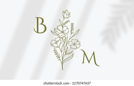 Botanical Floral element Hand Drawn Logo with Wild Flower and Leaves. Logo for spa and beauty salon, boutique, organic shop, wedding, floral designer, interior, photography, cosmetic.