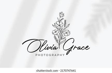 Botanical Floral element Hand Drawn Logo with Wild Flower and Leaves. Logo for spa and beauty salon, boutique, organic shop, wedding, floral designer, interior, photography, cosmetic.