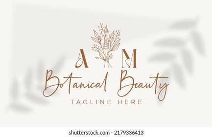 Elemento floral botánico con logotipo de mano con flores silvestres y hojas. Logo para spa y salón de belleza, boutique, tienda orgánica, boda, diseñador floral, interior, fotografía, cosmética.