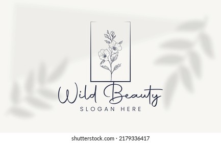 Elemento floral botánico con logotipo de mano con flores silvestres y hojas. Logo para spa y salón de belleza, boutique, tienda orgánica, boda, diseñador floral, interior, fotografía, cosmética.