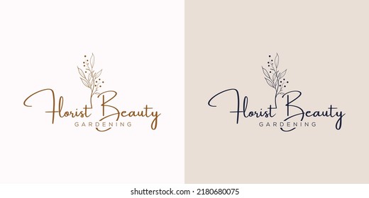 Botanisches Blumenmuster-Handgezeichnetes Logo mit Wildblumen und Blättern. Logo für Spa- und Schönheitssalon, Boutique, Bio-Shop, Hochzeit, Blumendesigner, Inneneinrichtung, Fotografie, Kosmetik.