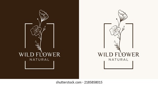 Botanical Floral element Hand Drawn Logo with Wild Flower and Leaves. Logo for spa and beauty salon, boutique, organic shop, wedding, floral designer, interior, photography, cosmetic.