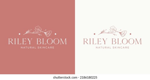 Elemento floral botánico con logotipo de mano con flores silvestres y hojas. Logo para spa y salón de belleza, boutique, tienda orgánica, boda, diseñador floral, interior, fotografía, cosmética.