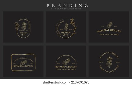 Botanical Floral element Hand Drawn Logo with Wild Flower and Leaves. Logo for spa and beauty salon, boutique, organic shop, wedding, floral designer, interior, photography, cosmetic.
