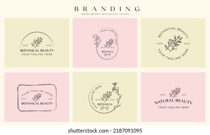 Botanical Floral element Hand Drawn Logo with Wild Flower and Leaves. Logo for spa and beauty salon, boutique, organic shop, wedding, floral designer, interior, photography, cosmetic.