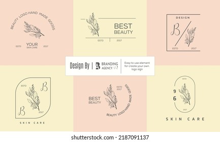 Botanical Floral Element Hand Drawn Logo With Wild Flower And Leaves. Logo For Spa And Beauty Salon, Boutique, Organic Shop, Wedding, Floral Designer, Interior, Photography, Cosmetic.