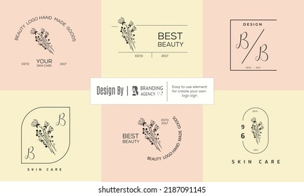Botanical Floral element Hand Drawn Logo with Wild Flower and Leaves. Logo for spa and beauty salon, boutique, organic shop, wedding, floral designer, interior, photography, cosmetic.