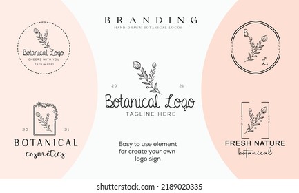 Botanisches Blumenmuster-Handgezeichnetes Logo mit Wildblumen und Blättern. Logo für Spa- und Schönheitssalon, Boutique, Bio-Shop, Hochzeit, Blumendesigner, Inneneinrichtung, Fotografie, Kosmetik.