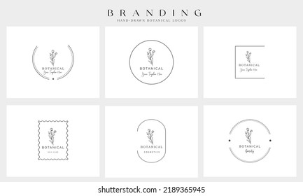 Elemento floral botánico con logotipo de mano con flores silvestres y hojas. Logo para spa y salón de belleza, boutique, tienda orgánica, boda, diseñador floral, interior, fotografía, cosmética.