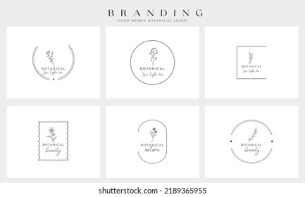 Botanisches Blumenmuster-Handgezeichnetes Logo mit Wildblumen und Blättern. Logo für Spa- und Schönheitssalon, Boutique, Bio-Shop, Hochzeit, Blumendesigner, Inneneinrichtung, Fotografie, Kosmetik.