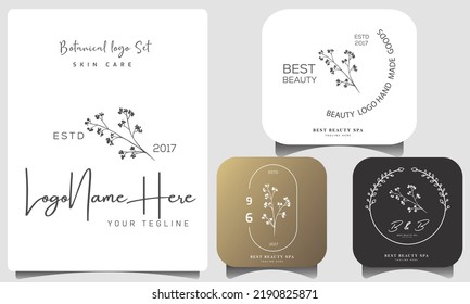 Botanical Floral element Hand Drawn Logo with Wild Flower and Leaves. Logo for spa and beauty salon, boutique, organic shop, wedding, floral designer, interior, photography, cosmetic.