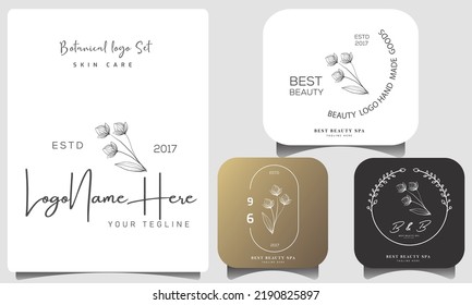 Botanical Floral element Hand Drawn Logo with Wild Flower and Leaves. Logo for spa and beauty salon, boutique, organic shop, wedding, floral designer, interior, photography, cosmetic.