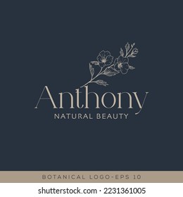 Elemento floral botánico con logotipo de mano con flores silvestres y hojas. Logo para spa y salón de belleza, boutique, tienda orgánica, boda, diseñador floral, interior, fotografía, joyería, cosmética.