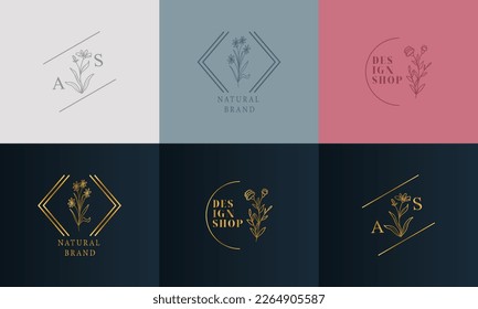 Botanisches Blumenmuster-Handgezeichnetes Logo mit Wildblumen und Blättern. 