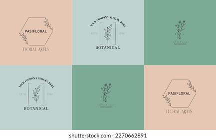 Elemento floral botánico con logotipo de mano con flores silvestres y hojas. 