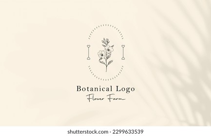 Botanical Floral element Hand Drawn Logo with Wild Flower and Leaves. 