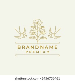 Elemento botánico floral dibujado a mano con flores silvestres, hojas y pájaro golondrina. Logotipo para spa y salón de belleza, boutique, tienda orgánica, boda, diseñador floral, interior, Fotografía, cosmético.