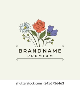 Botanical Floral element Hand Drawn Logo with Wild Flower, Leaves and Swallow Bird. Logo for spa and beauty salon, boutique, organic shop, wedding, floral designer, interior, photography, cosmetic.