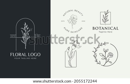 Botanical Floral element Hand Drawn Logo with Wild Flower and Leaves. Logo for spa and beauty salon, boutique, organic shop, wedding, floral designer, interior, photography, cosmetic.
