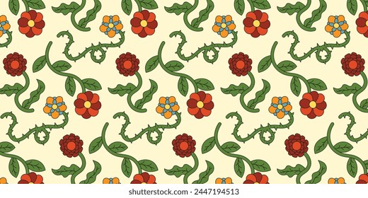 Botanical floral elements. Seamless pattern with retro multicolored flowers collection in groovy style. Simple flat style flowers. Trendy hand drawn flowers. 