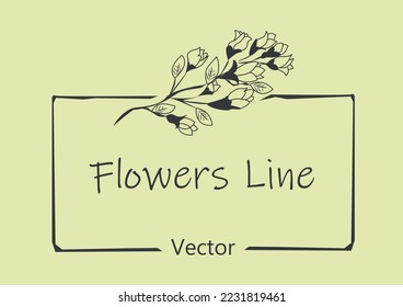 Botanical floral emblem in minimalist style with plant elements. Frame with rose branch drawn by lines. Vector illustration with empty space fot text.