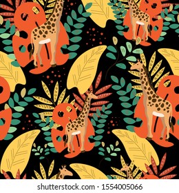 Botanical, floral ethnic giraffe colorful vector seamless pattern on black background . Concept for print, web design, textile,cards, wallpapers   