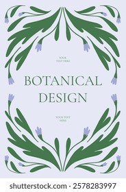 Botanical Floral Frame with Green Leaves and Purple Flowers Ornamental Border Elegant Template for Menu Cover Invitation Card Packaging Vector Illustration.