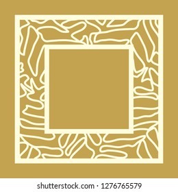 Botanical floral frame laser cut template. Ratio 1:1. Vector square panel with hand drawn tropical leaves. For picture frames, greeting cards, invitations, paper, wood, metal cutting, stencil.