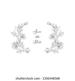 Botanical floral frame with magnolia and eucalyptus plant. Flower decoration for greeting card. Vintage border.