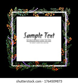 Botanical and floral frame with text box template. Isolated banner on black background and gradient overlay. All adjustable elements.