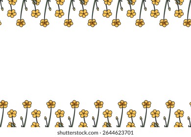 Botanical floral horizontal border with meadow flowers isolated on white background. Hand drawn little yellow wildflowers plant vector illustration.Graphic design element for Birthday Wedding Greeting